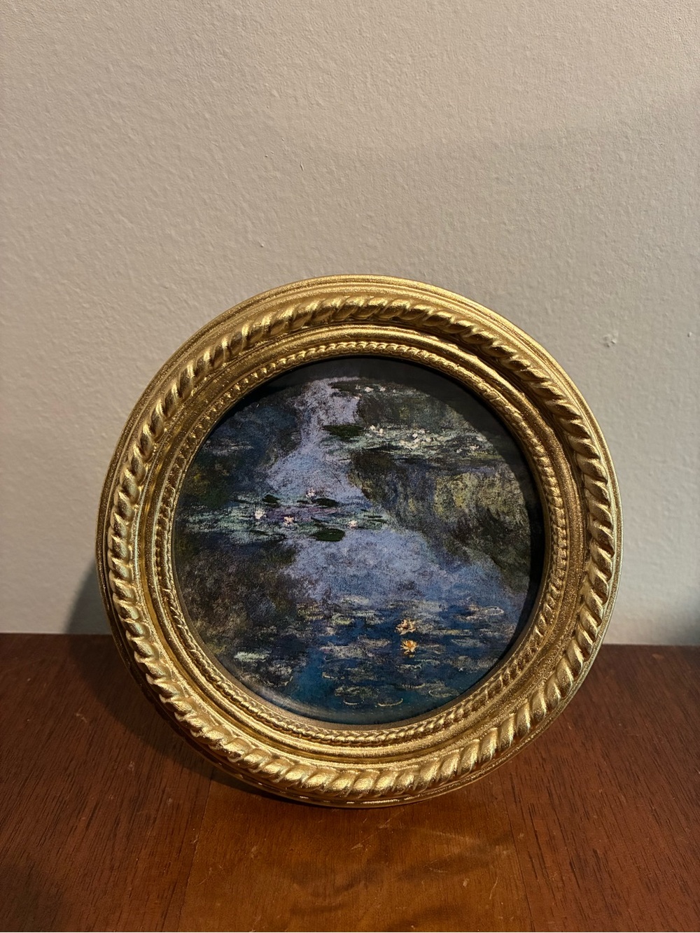 Monet Water Lilies Art Print in 5" Round Gold Frame Impressionist Floral Decor
